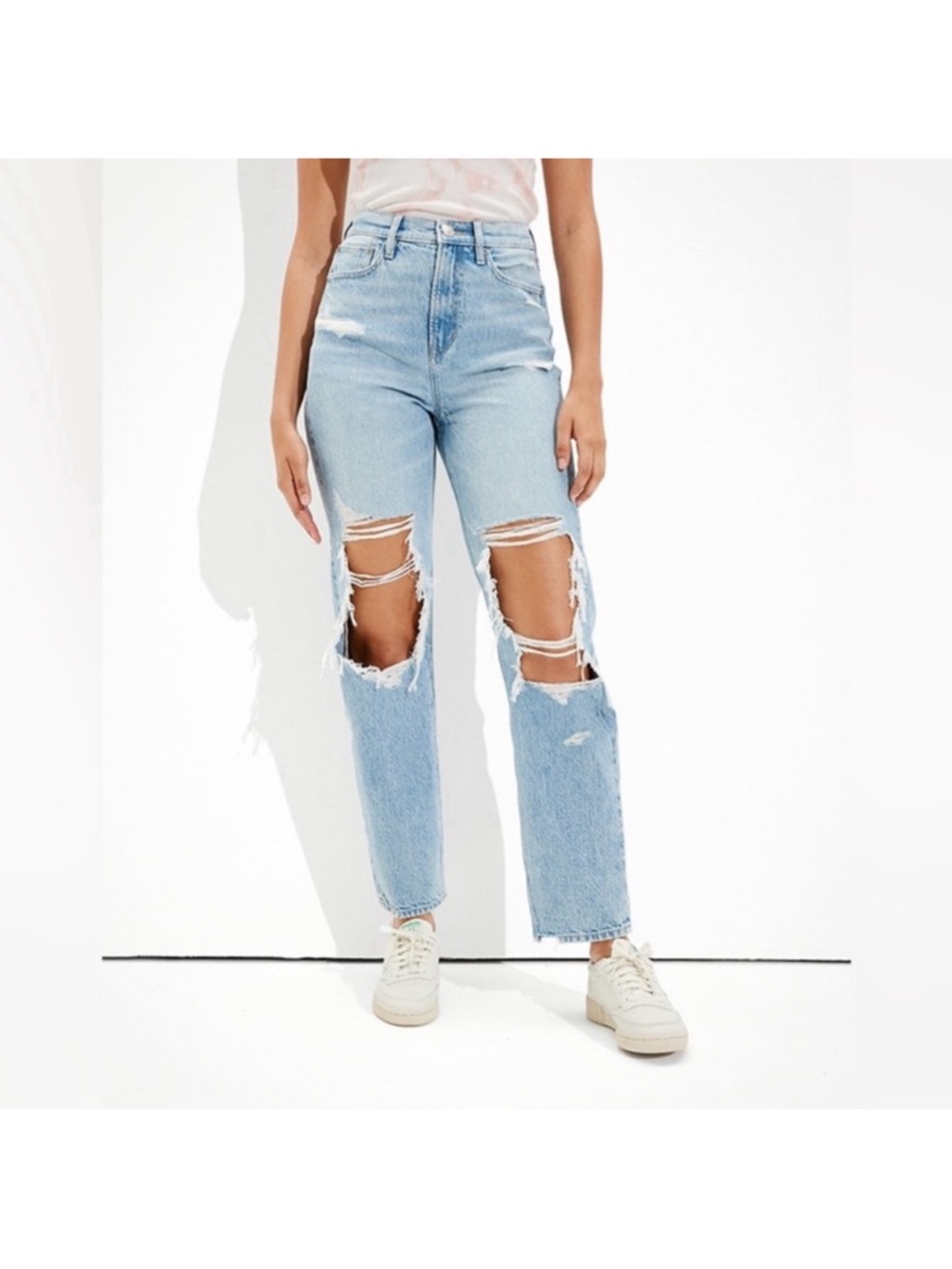 NWT American Eagle Light Blue High-Rise Distressed Straight Jeans